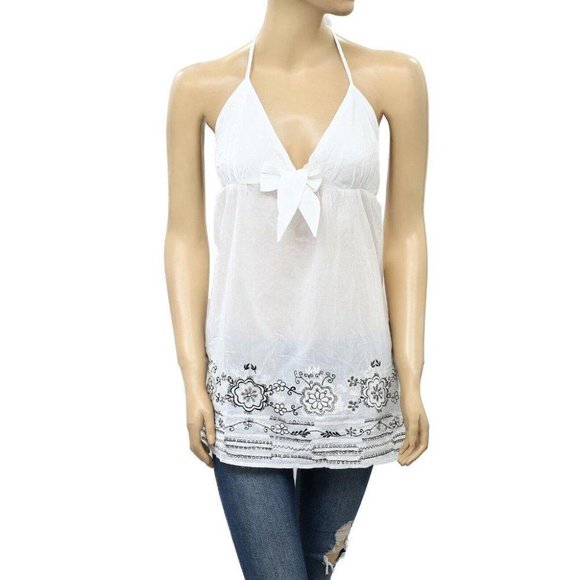 Anthropologie Floral Embroidered Halter Blouse Top Cotton White S New - Picture 1 of 4